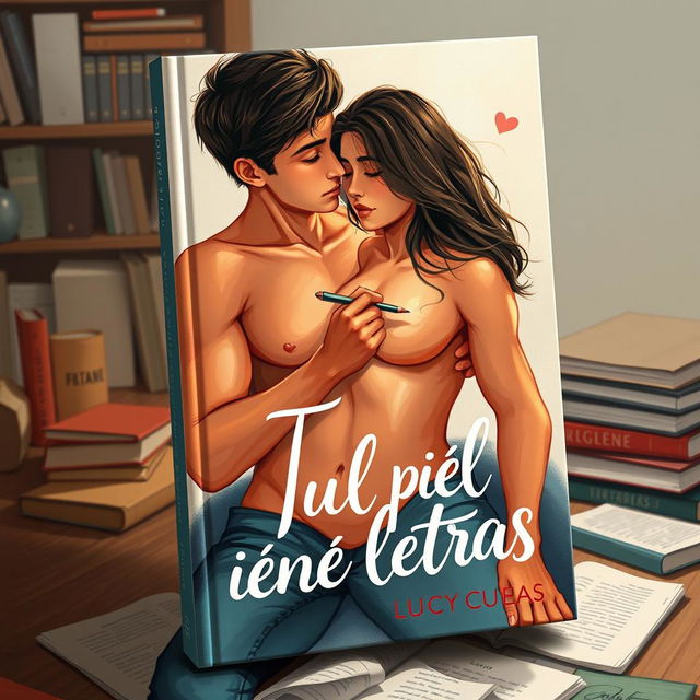 A modern book cover titled 'Tu piel tiene letras' by Lucy Cuevas, illustrated in a vibrant painting style