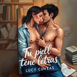 A modern book cover titled 'Tu piel tiene letras' by Lucy Cuevas, illustrated in a vibrant painting style