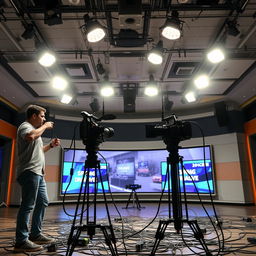 A television studio interior with the ceiling adorned with hanging spotlights, casting bright light onto the scene