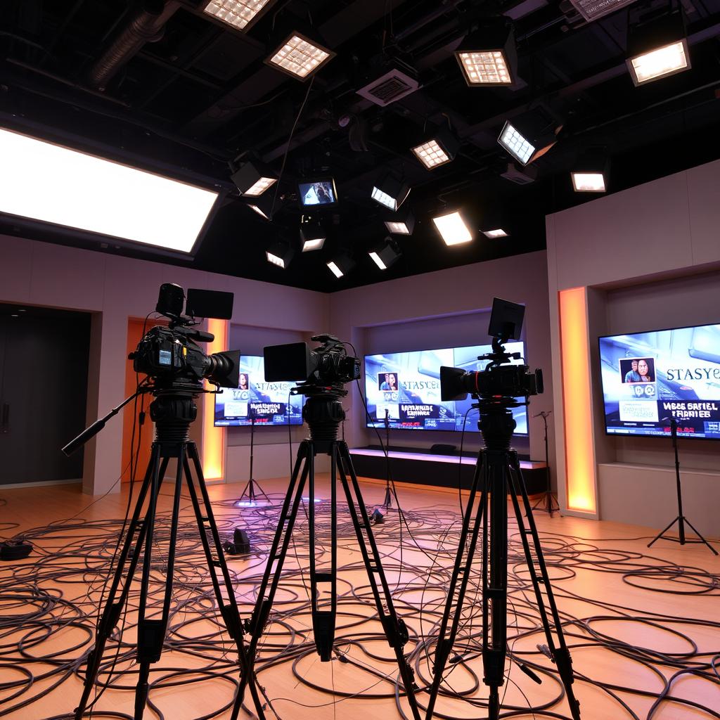 A television studio interior with the ceiling adorned with hanging spotlights, casting bright light onto the scene