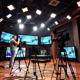 A television studio interior with the ceiling adorned with hanging spotlights, casting bright light onto the scene