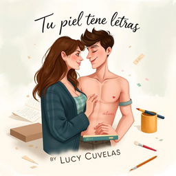 A modern book cover titled 'Tu piel tiene letras' by Lucy Cuevas, illustrated in a painterly style