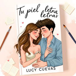 A modern book cover titled 'Tu piel tiene letras' by Lucy Cuevas, illustrated in a painterly style