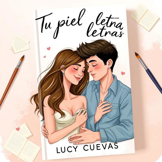 A modern book cover titled 'Tu piel tiene letras' by Lucy Cuevas, illustrated in a painterly style