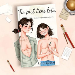 A modern book cover titled 'Tu piel tiene letras' by Lucy Cuevas, illustrated in a painterly style