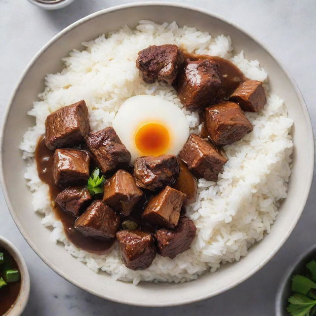 A bowl of Filipino adobo, glistening with savory sauce and chunks of tender meat surrounded by steaming white rice