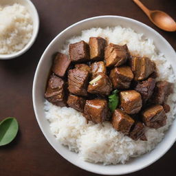 A bowl of Filipino adobo, glistening with savory sauce and chunks of tender meat surrounded by steaming white rice