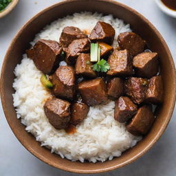 A bowl of Filipino adobo, glistening with savory sauce and chunks of tender meat surrounded by steaming white rice