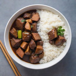 A bowl of Filipino adobo, glistening with savory sauce and chunks of tender meat surrounded by steaming white rice