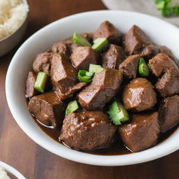 A bowl filled with rich, flavorful Filipino adobo, containing tender chunks of meat simmered in savory sauce, without any rice.