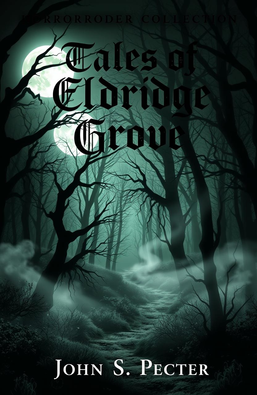 A chilling book cover design for a horror stories collection titled "Tales of Eldridge Grove" by John S