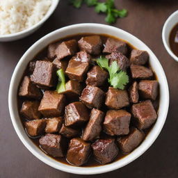 A bowl filled with rich, flavorful Filipino adobo, containing tender chunks of meat simmered in savory sauce, without any rice.