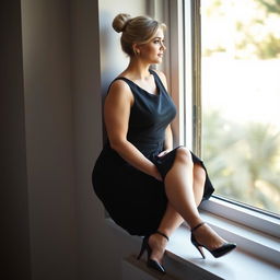 A curvy white woman with long blonde hair styled in an elegant bun, dressed in a chic black sleeveless dress that accentuates her figure, paired with sophisticated high heels