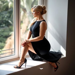 A curvy white woman with long blonde hair styled in an elegant bun, dressed in a chic black sleeveless dress that accentuates her figure, paired with sophisticated high heels