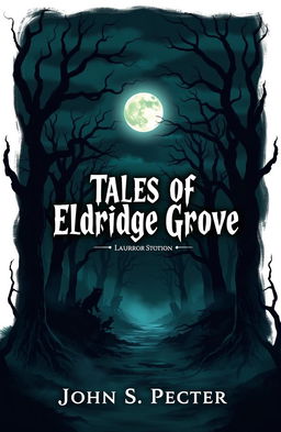 A chilling book cover illustration for a horror stories collection titled 'Tales of Eldridge Grove' by John S