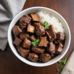 A bowl filled with rich, flavorful Filipino adobo, containing tender chunks of meat simmered in savory sauce, without any rice.