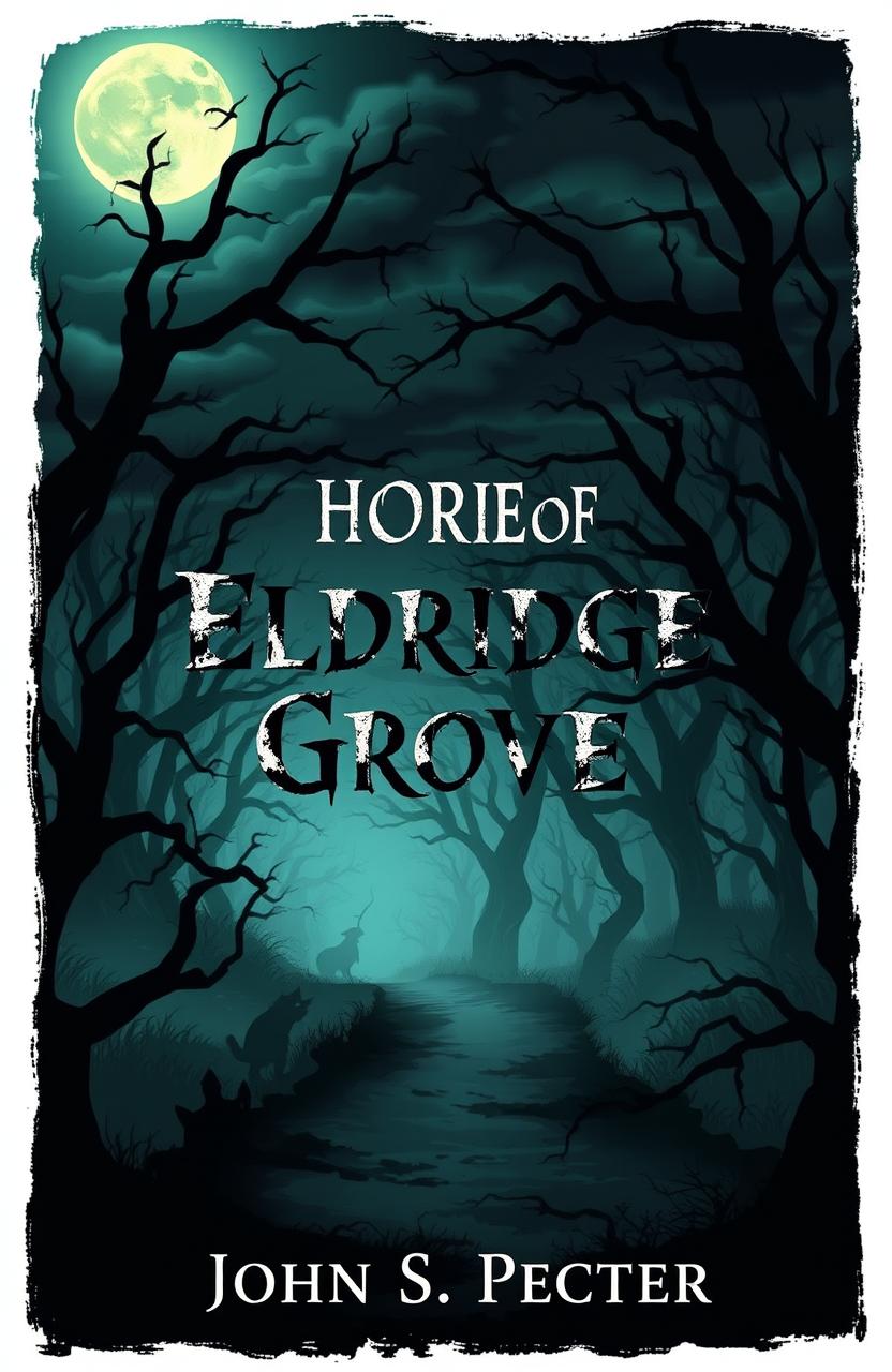 A chilling book cover illustration for a horror stories collection titled 'Tales of Eldridge Grove' by John S