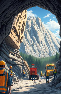 A detailed and imaginative illustration of workers in hard hats and safety vests constructing a tunnel beneath a massive mountain