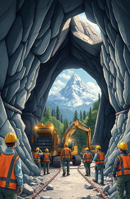 A detailed and imaginative illustration of workers in hard hats and safety vests constructing a tunnel beneath a massive mountain