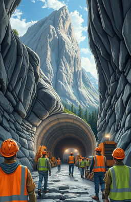 A detailed and imaginative illustration of workers in hard hats and safety vests constructing a tunnel beneath a massive mountain