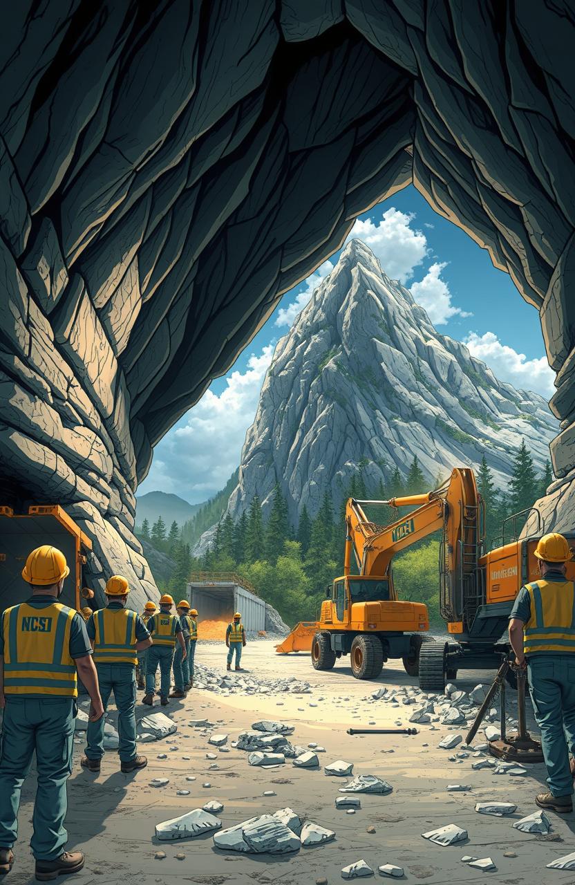 A detailed and imaginative illustration of workers in hard hats and safety vests constructing a tunnel beneath a massive mountain