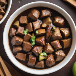 A bowl filled with rich, flavorful Filipino adobo, containing tender chunks of meat simmered in savory sauce, without any rice.