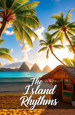 A picturesque beach scenery in St Lucia, featuring golden sandy shores, crystal clear turquoise waters, and lush green palm trees swaying in the gentle breeze