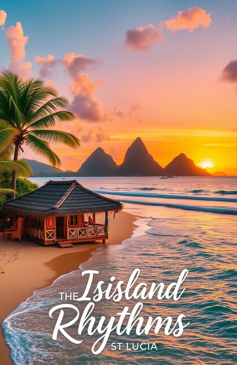 A picturesque beach scenery in St Lucia, featuring golden sandy shores, crystal clear turquoise waters, and lush green palm trees swaying in the gentle breeze