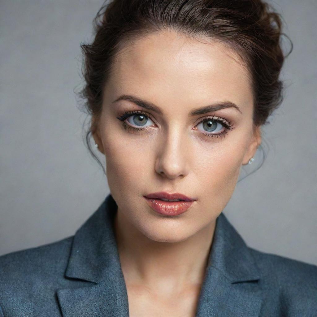 A portrait of an elegant woman with expressive eyes, wearing a sophisticated outfit.