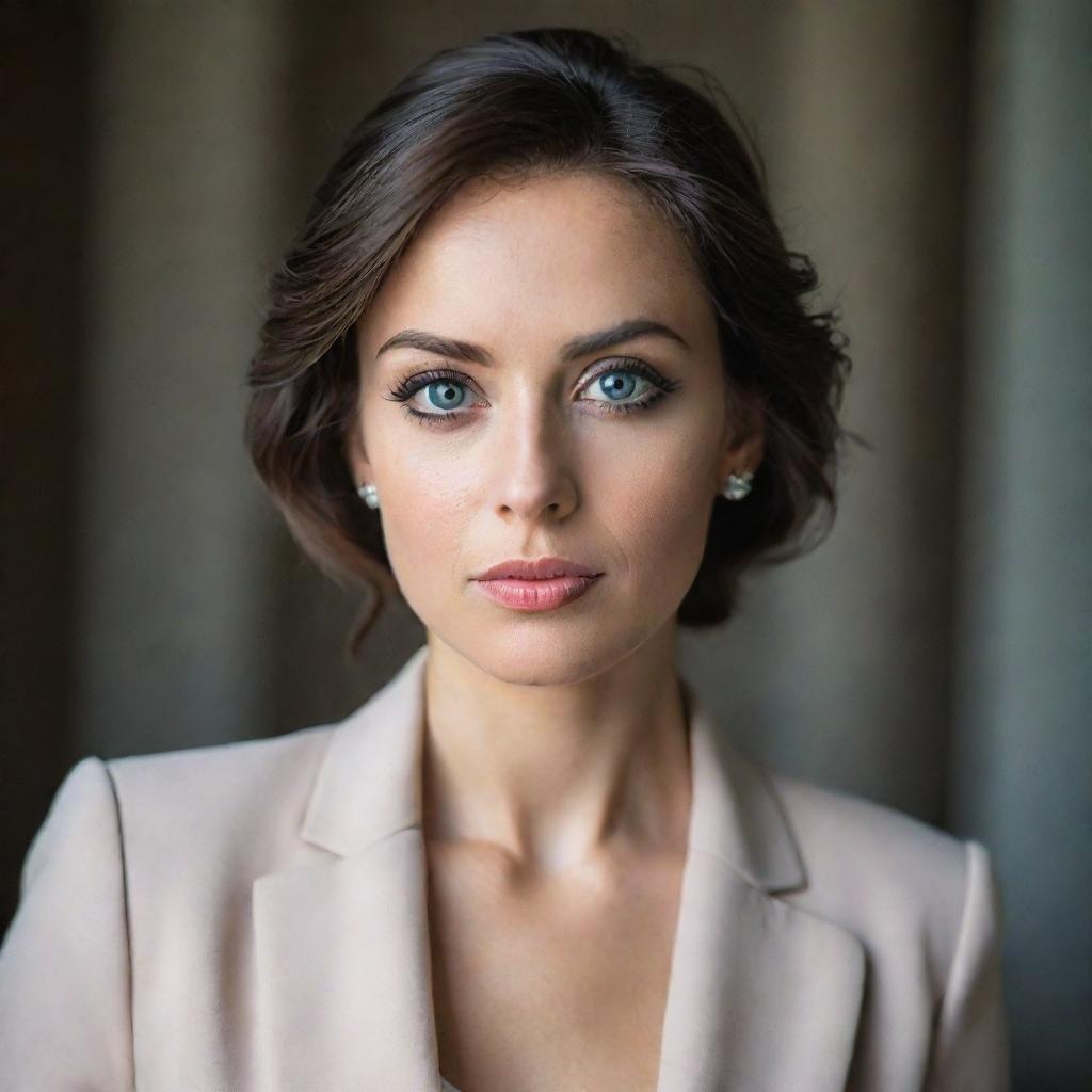 A portrait of an elegant woman with expressive eyes, wearing a sophisticated outfit.