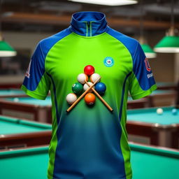 A stylish billiards jersey featuring a vibrant green and blue color scheme