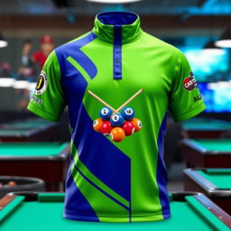 A stylish billiards jersey featuring a vibrant green and blue color scheme