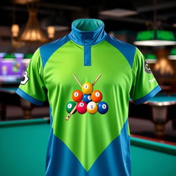 A stylish billiards jersey featuring a vibrant green and blue color scheme