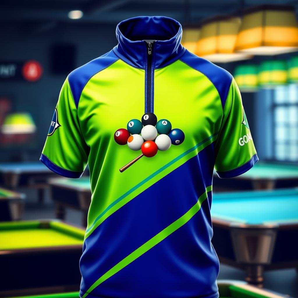 A stylish billiards jersey featuring a vibrant green and blue color scheme