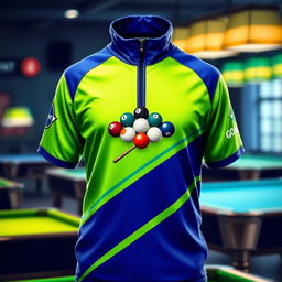 A stylish billiards jersey featuring a vibrant green and blue color scheme