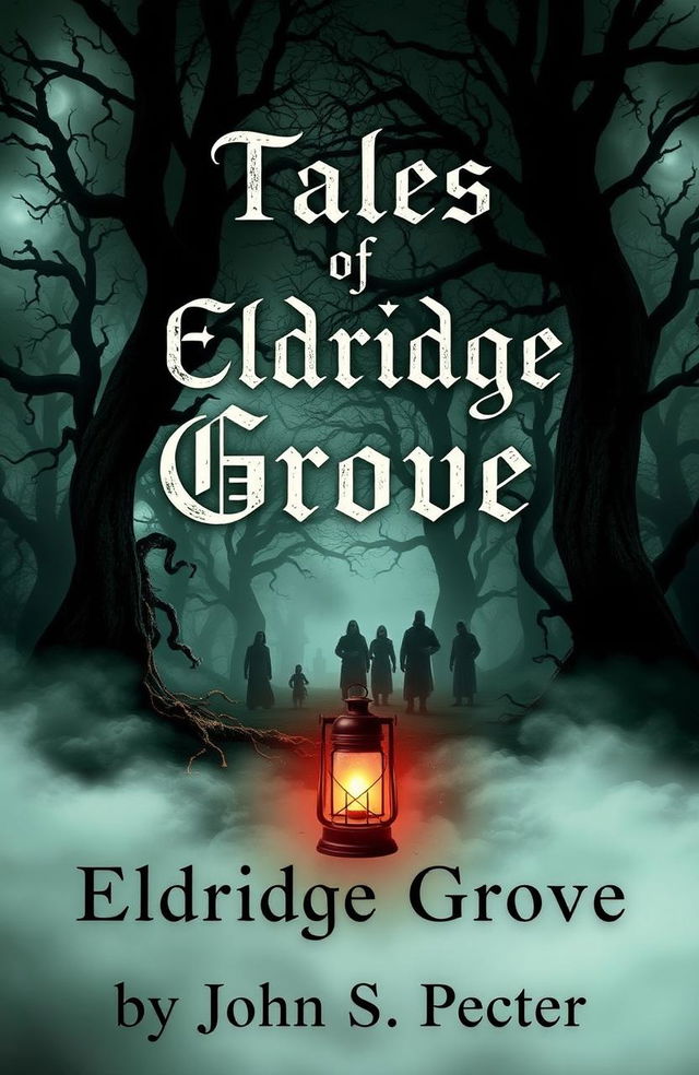 A haunting and atmospheric book cover for a horror stories collection titled 'Tales of Eldridge Grove', featuring a spooky, overgrown grove with twisted trees and heavy mist