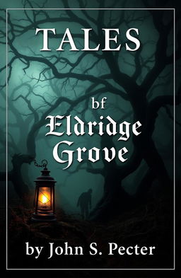 A haunting and atmospheric book cover for a horror stories collection titled 'Tales of Eldridge Grove', featuring a spooky, overgrown grove with twisted trees and heavy mist