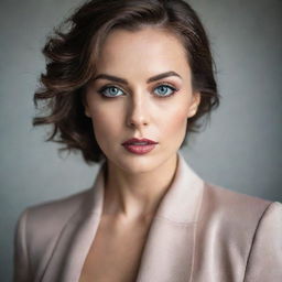 A portrait of an elegant woman with expressive eyes, wearing a sophisticated outfit.