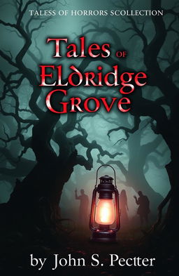 A haunting and atmospheric book cover for a horror stories collection titled 'Tales of Eldridge Grove', featuring a spooky, overgrown grove with twisted trees and heavy mist