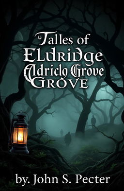 A haunting and atmospheric book cover for a horror stories collection titled 'Tales of Eldridge Grove', featuring a spooky, overgrown grove with twisted trees and heavy mist