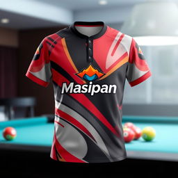 A stylish billiard jersey prominently featuring the Masipan logo, designed with vibrant colors and intricate patterns that reflect the energetic and competitive spirit of billiards