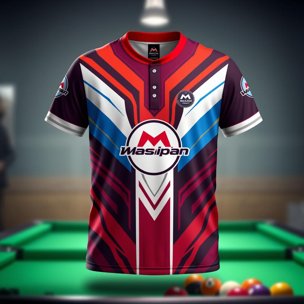 A stylish billiard jersey prominently featuring the Masipan logo, designed with vibrant colors and intricate patterns that reflect the energetic and competitive spirit of billiards