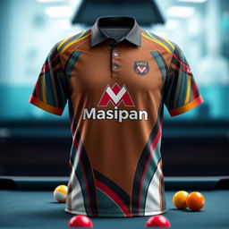 A stylish billiard jersey prominently featuring the Masipan logo, designed with vibrant colors and intricate patterns that reflect the energetic and competitive spirit of billiards