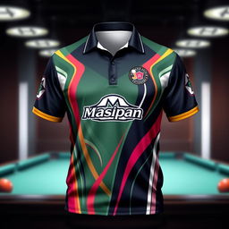 A stylish billiard jersey prominently featuring the Masipan logo, designed with vibrant colors and intricate patterns that reflect the energetic and competitive spirit of billiards