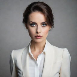 A portrait of an elegant woman with expressive eyes, wearing a sophisticated outfit.