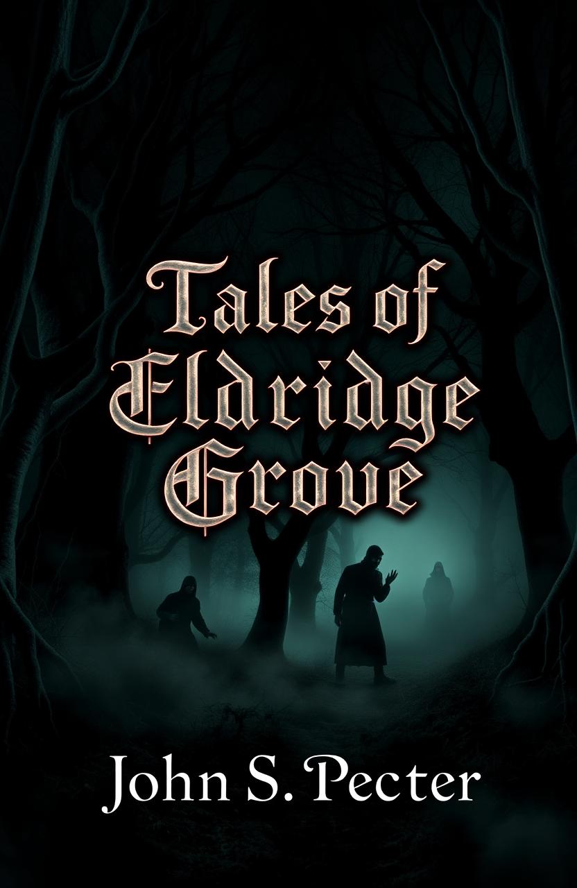 A chilling and atmospheric book cover for 'Tales of Eldridge Grove', featuring a dark, twisted forest at night with gnarled trees and a mysterious fog creeping through the underbrush