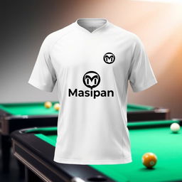 A sleek white billiard jersey featuring the Masipan logo, designed with a clean and modern aesthetic