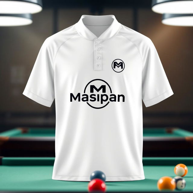 A sleek white billiard jersey featuring the Masipan logo, designed with a clean and modern aesthetic