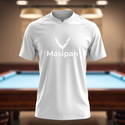 A sleek white billiard jersey featuring the Masipan logo, designed with a clean and modern aesthetic