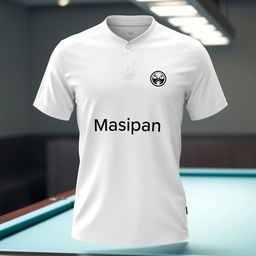 A sleek white billiard jersey featuring the Masipan logo, designed with a clean and modern aesthetic